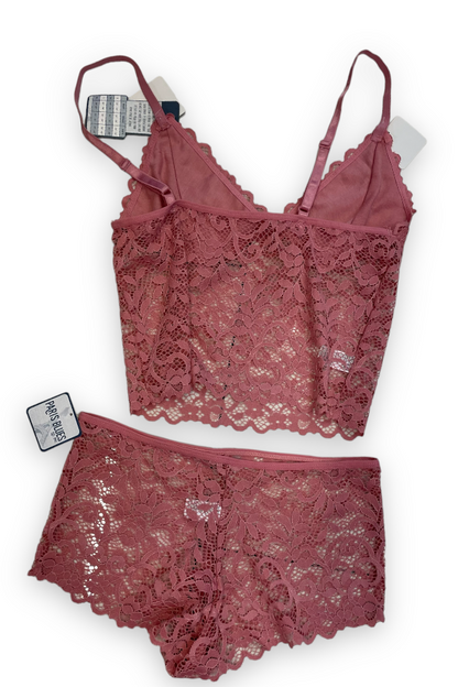 Lace Cami & Boyshort Pajama Set - Pink - Back View