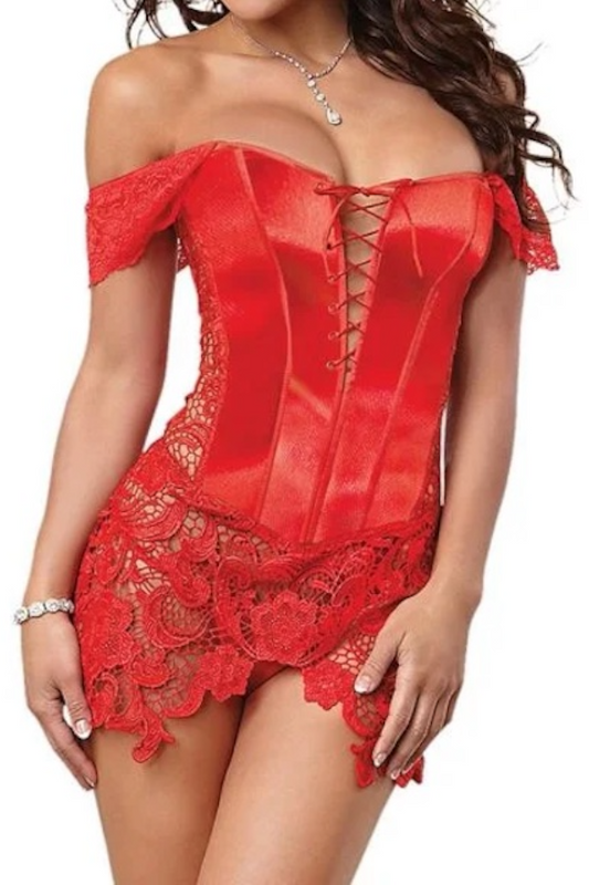 Satin and Venice Lace Corset Dress - Red