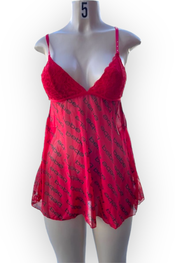 Lace with Logo Mesh Babydoll - Red