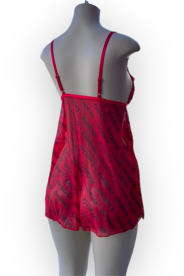 Lace with Logo Mesh Babydoll - Red - Back View
