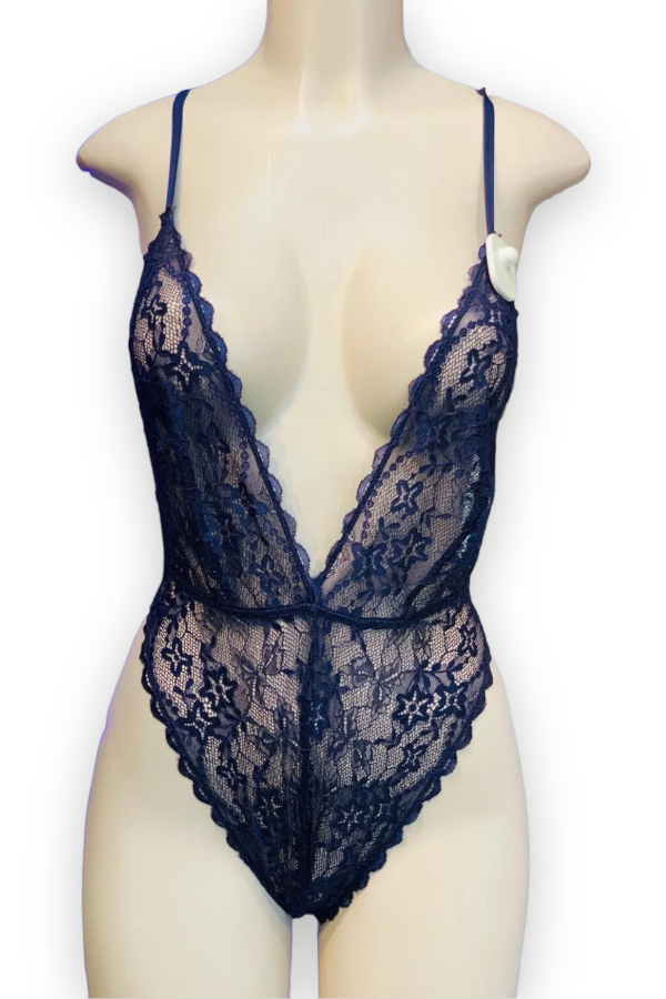 Deep V Lace Teddy - Navy