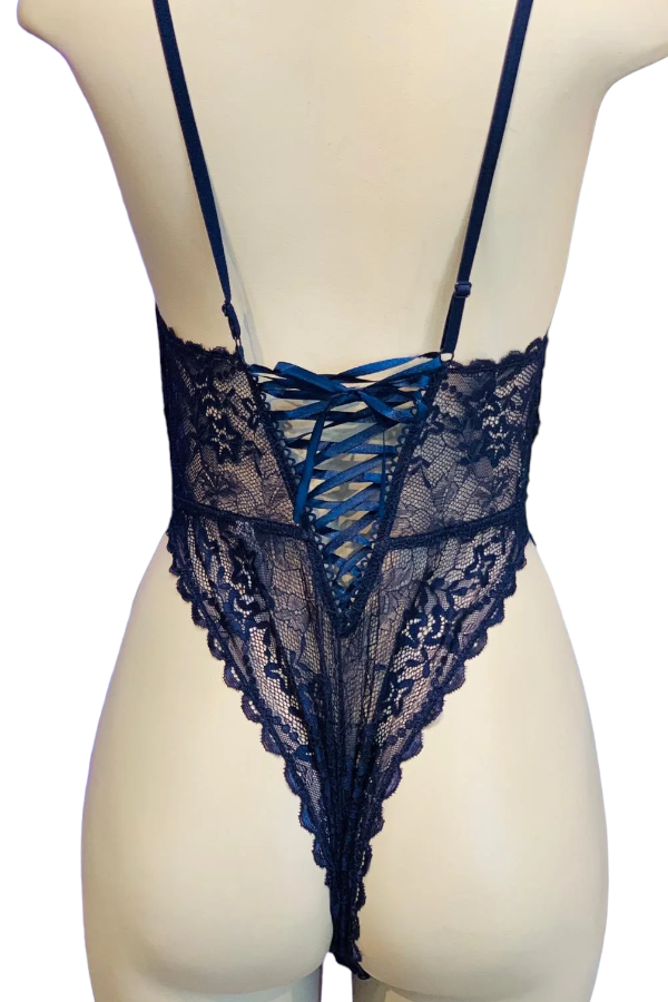 Deep V Lace Teddy - Navy - Back View
