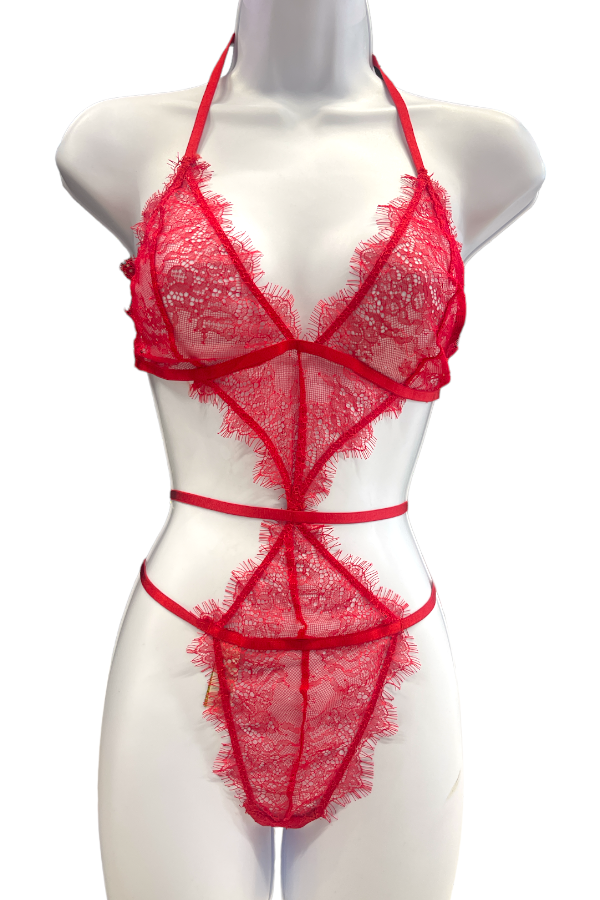 Eyelash Cut Out Bodysuit - Red