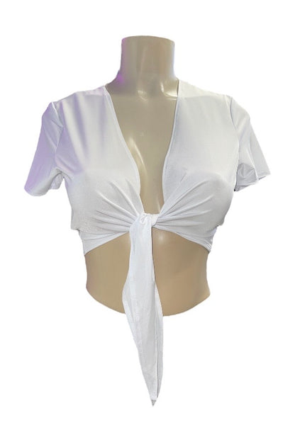 School Girl Tie Front Crop Top - White