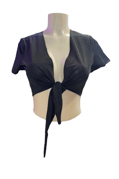 School Girl Tie Front Crop Top - Black