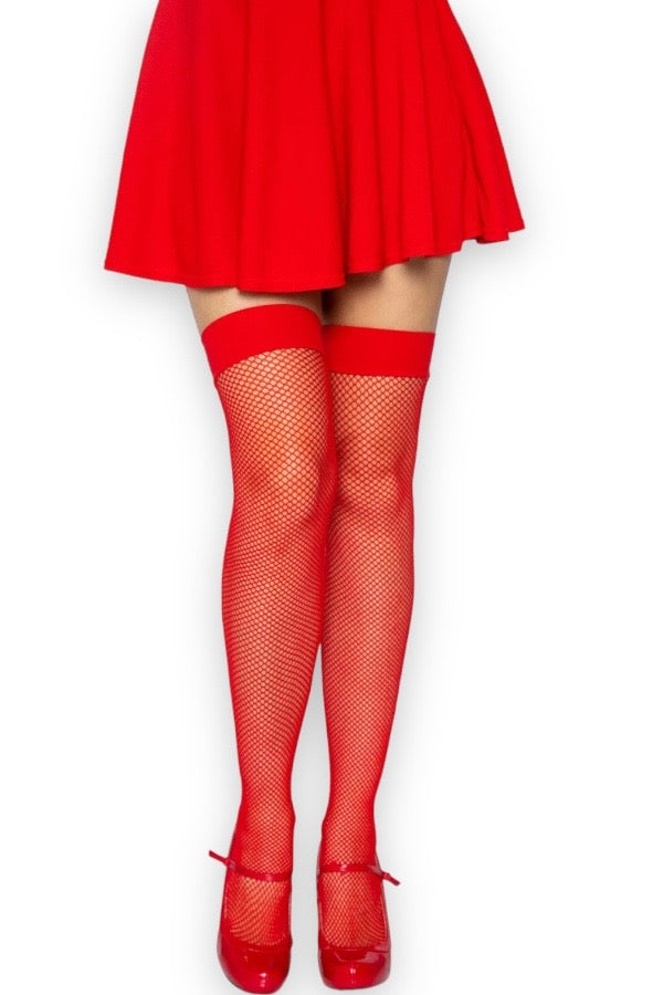 Joy Fishnet Thigh High Stockings - Red