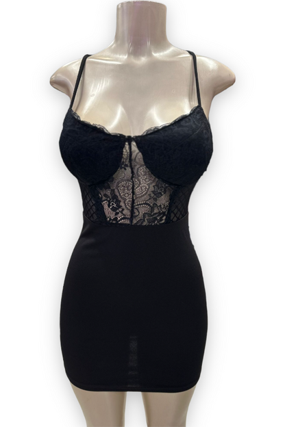 Caged Lace Up Back Dress - Black