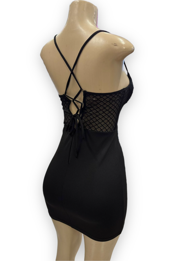 Caged Lace Up Back Dress - Black - Back View