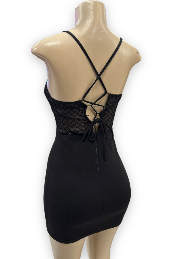 Caged Lace Up Back Dress - Black - Back View