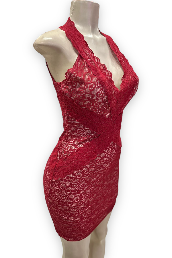 V-Neck Lace Dress - Red