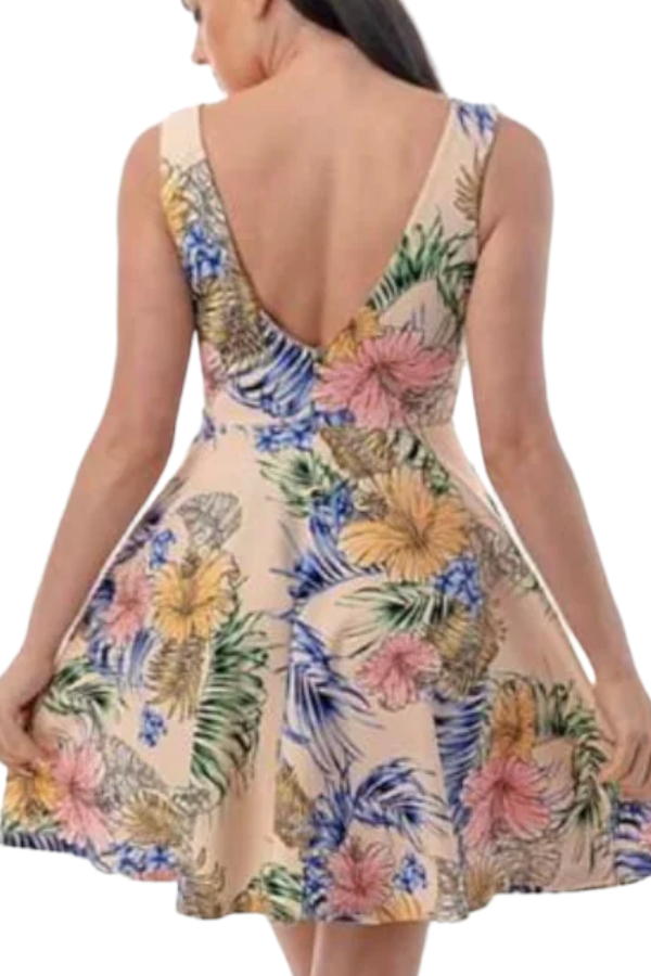 Tropical A-Line Floral Dress W/ Front V Shape - Beige - Back View