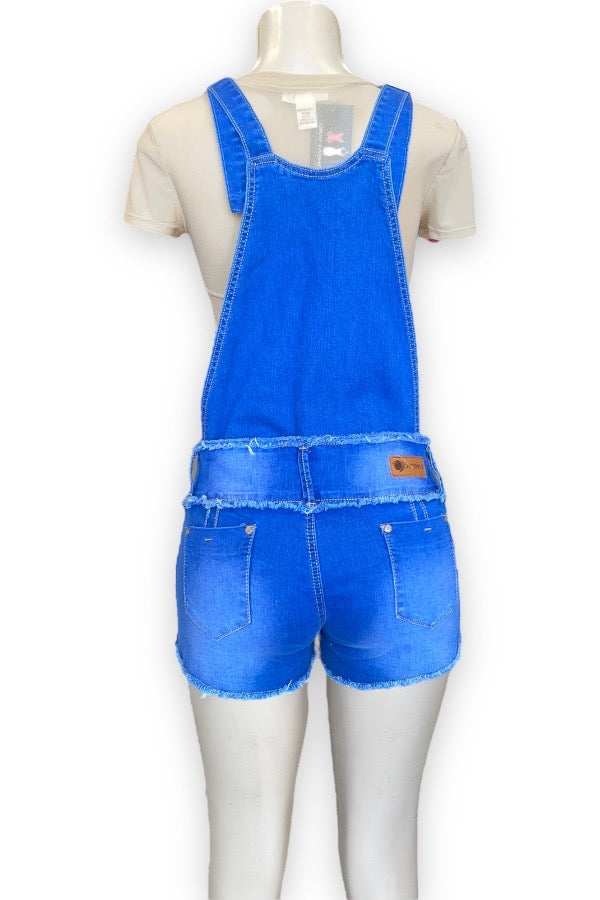 Distressed Denim Overall Shorts - Blue - Back View