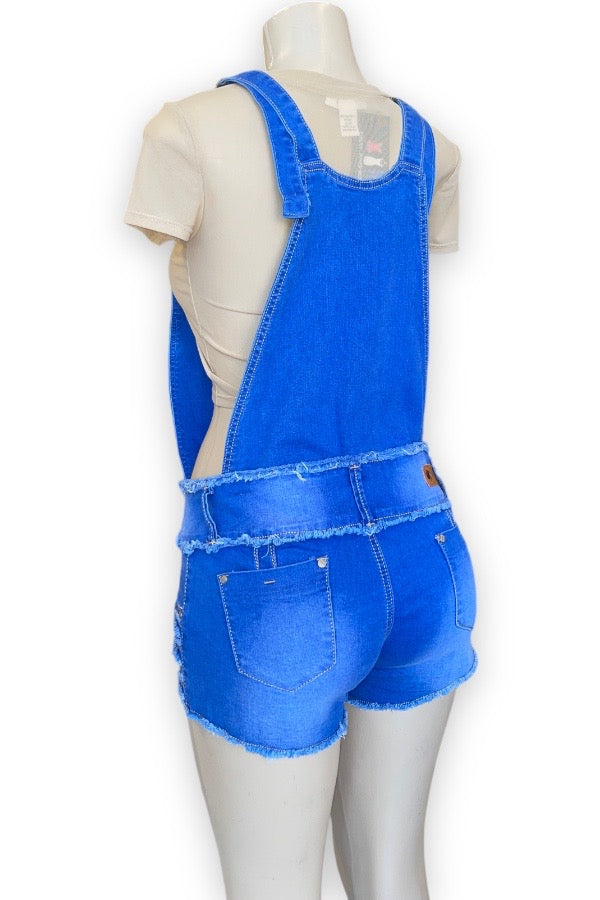 Distressed Denim Overall Shorts - Blue - Back View