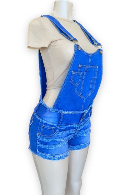 Distressed Denim Overall Shorts - Blue