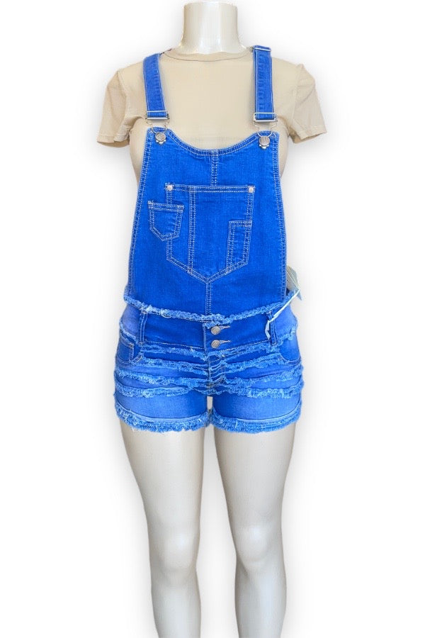 Distressed Denim Overall Shorts - Blue