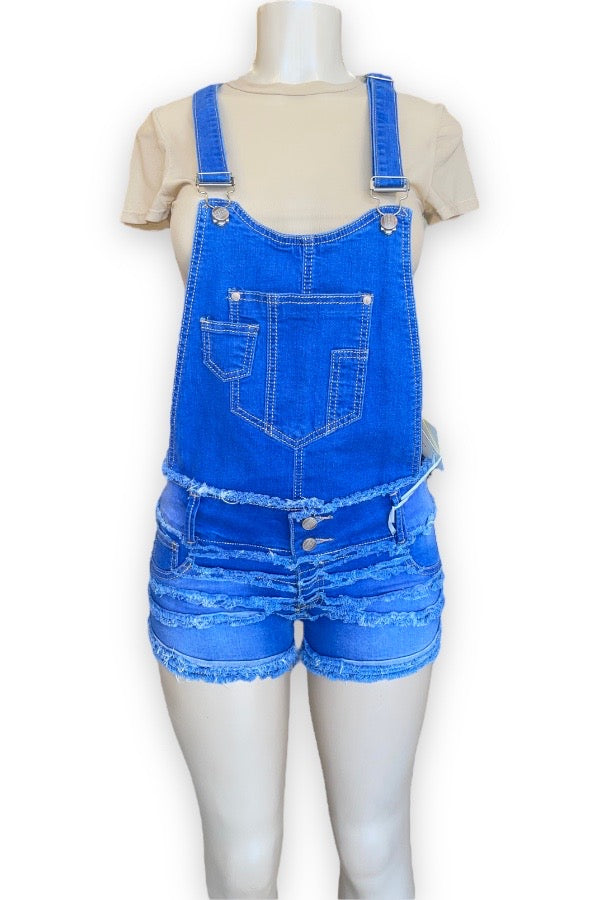 Distressed Denim Overall Shorts - Blue