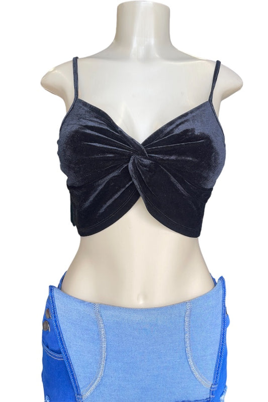 Sleeveless Velvet Crop Top With Twist Knot Detail - Black