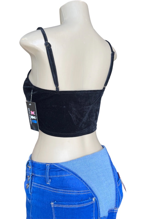 Sleeveless Velvet Crop Top With Twist Knot Detail - Black - Back View