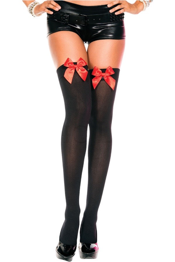Satin Bow Opaque Thigh High - Black/Red