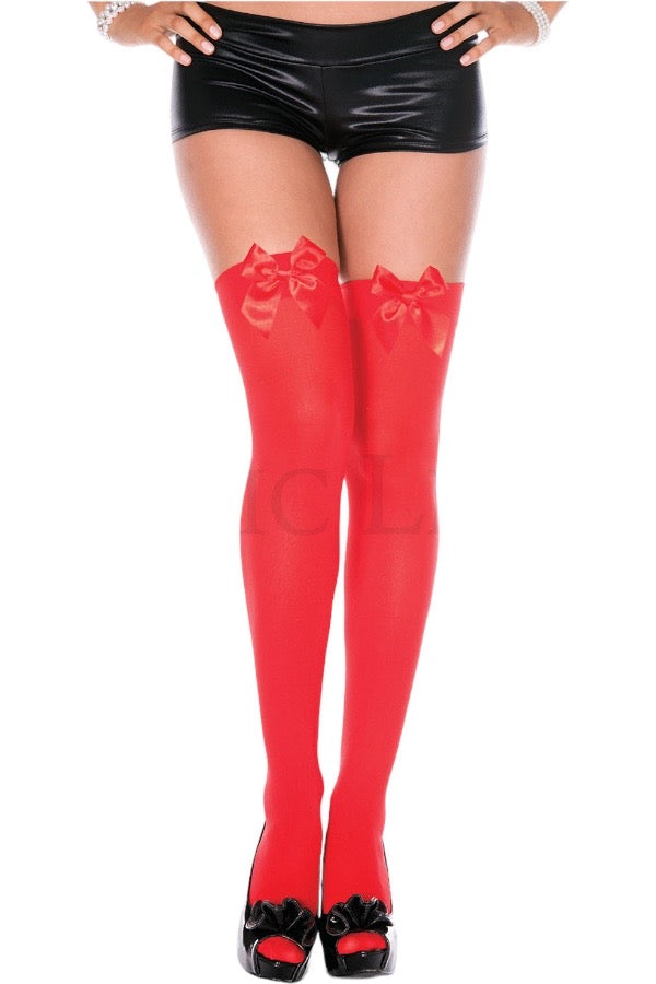 Satin Bow Opaque Thigh High - Red