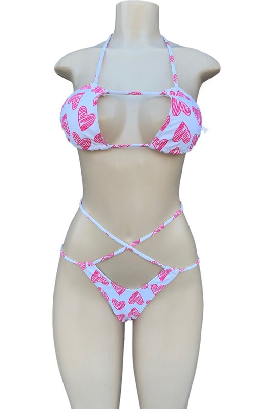 Hearts 2 Piece Bikini Set - Pink