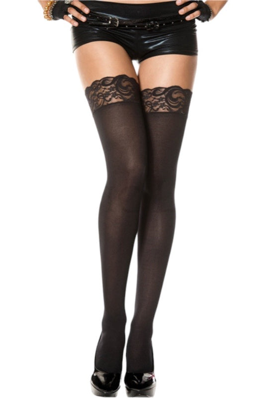 Lace Top Opaque Thigh High- Black