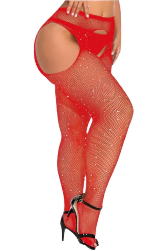 Fishnet Suspenders with Rhinestones - Red