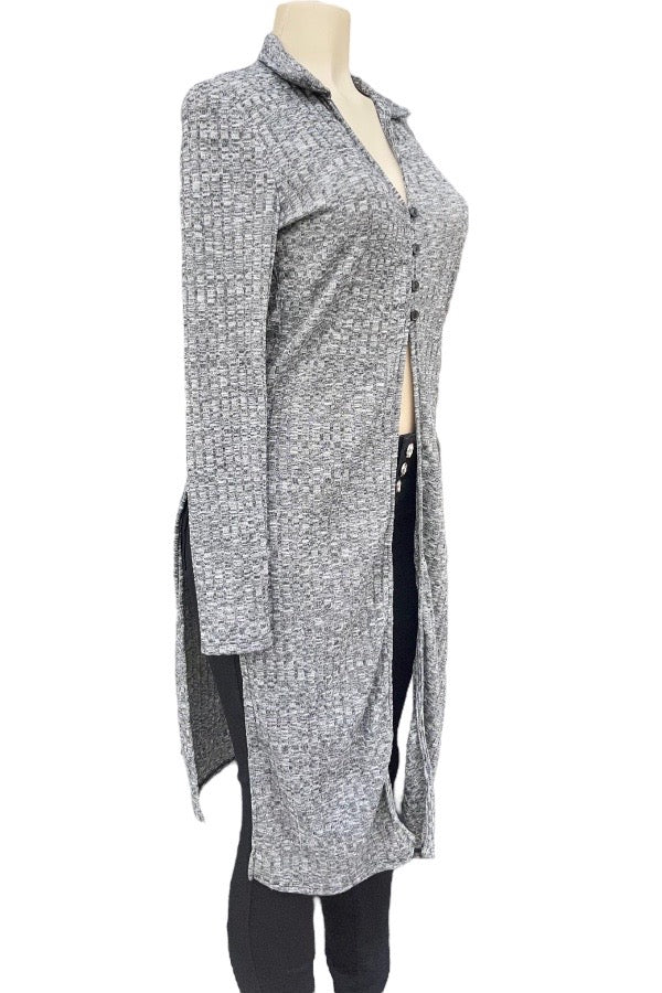 Collar Long Sleeve Duster Cardigan - Grey