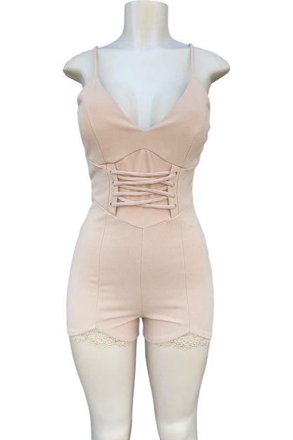 Lace Up Romper W/ Lace Trim - Beige