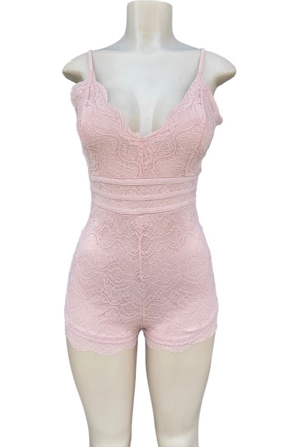 Lace Overlay Romper - Pink