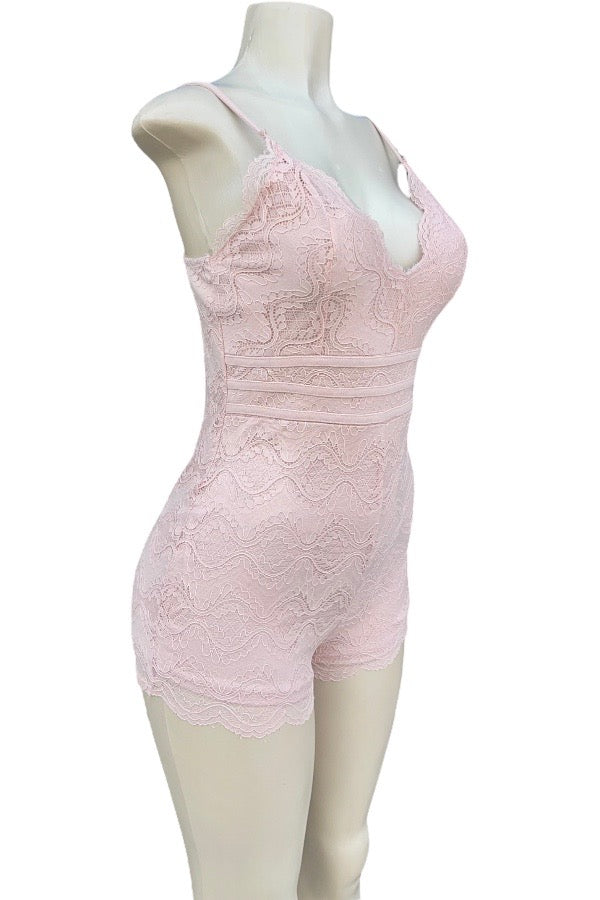 Lace Overlay Romper - Pink