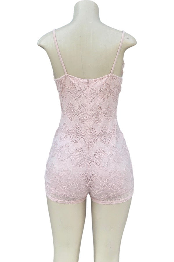 Lace Overlay Romper - Pink - Back View