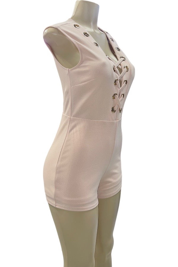 Eyelet Lace Up Bodycon Romper - Beige