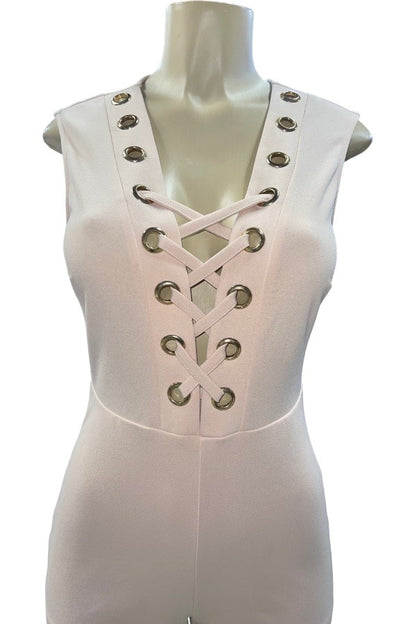 Eyelet Lace Up Bodycon Romper - Beige