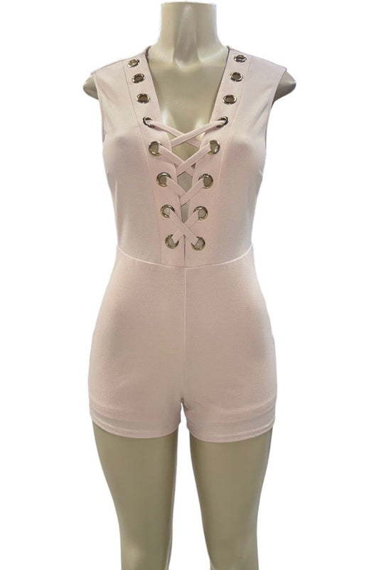 Eyelet Lace Up Bodycon Romper - Beige