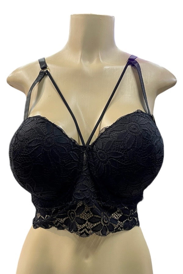 Caged Lace Long Line Bra - Black