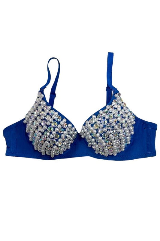 Lined Pearls and Rhinestones Beaded Bra - Blue