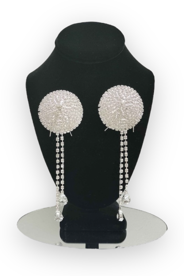 Cone Tassel Rhinestone Nipple Covers - Silver