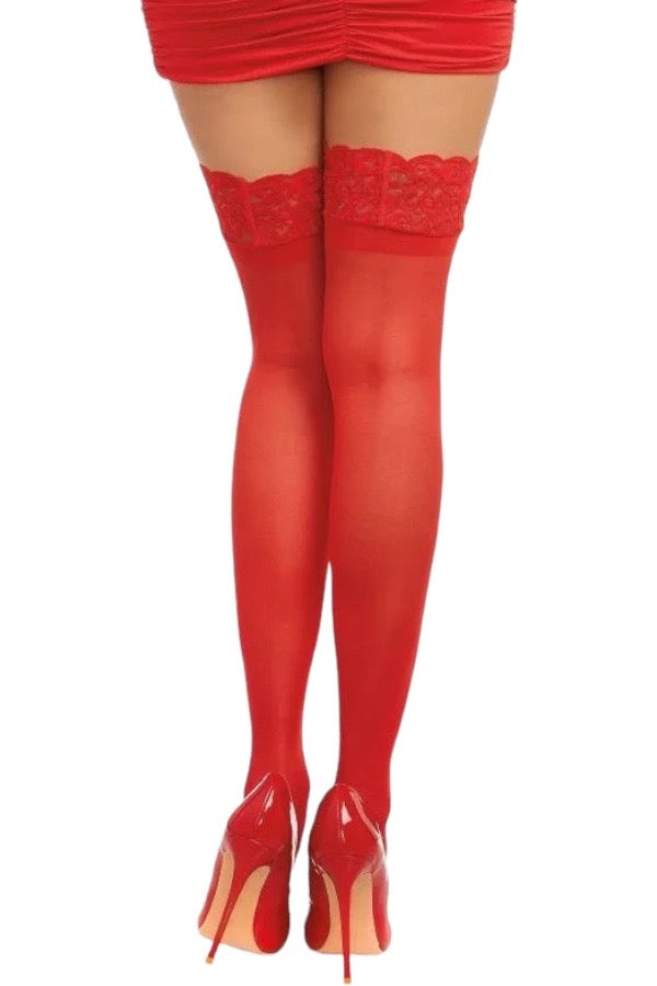 Sheer Thigh High W/ Stay Up Silicon - Red - Back View