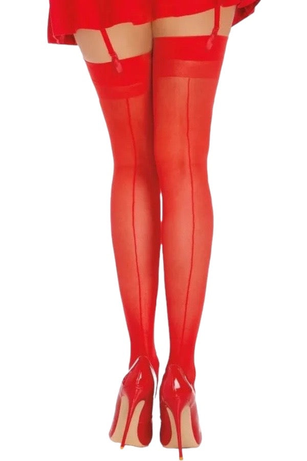 Sheer Back Seam Thigh High - Red - Back View
