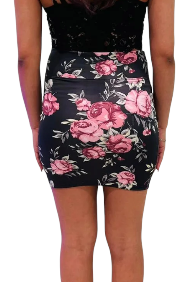 Pink Roses For Me Print Mini Skirt - Black/Pink