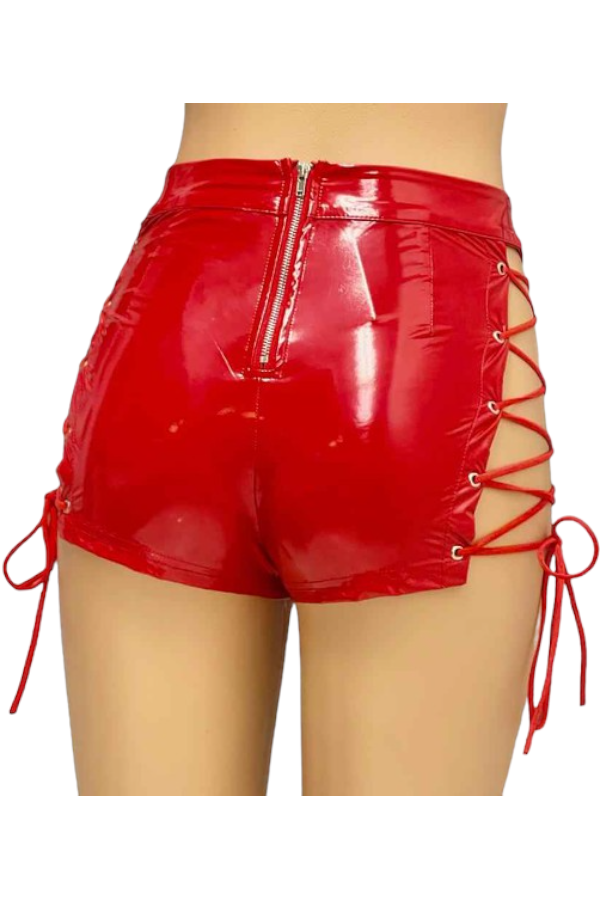 Latex Lace Up Shorts - Red