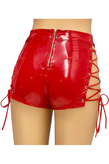 Latex Lace Up Shorts - Red