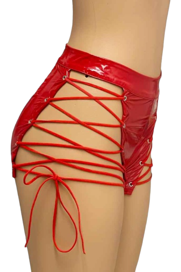 Latex Lace Up Shorts - Red