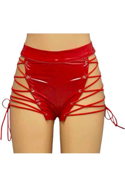 Latex Lace Up Shorts - Red