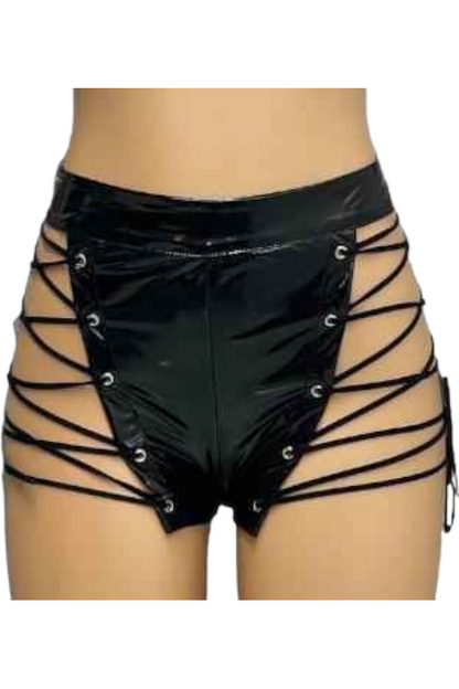 Latex Lace Up Shorts - Black