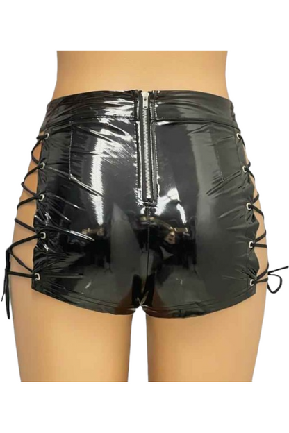 Latex Lace Up Shorts - Black
