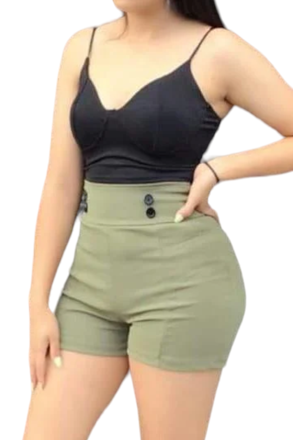 High Rise Shorts W/ Button Detail - Olive