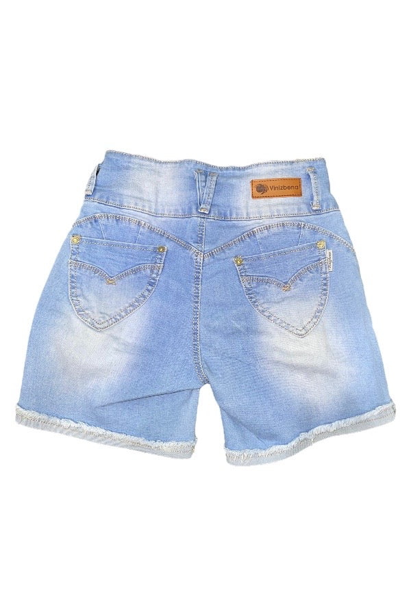 Distressed Patched Denim Shorts - Light Blue