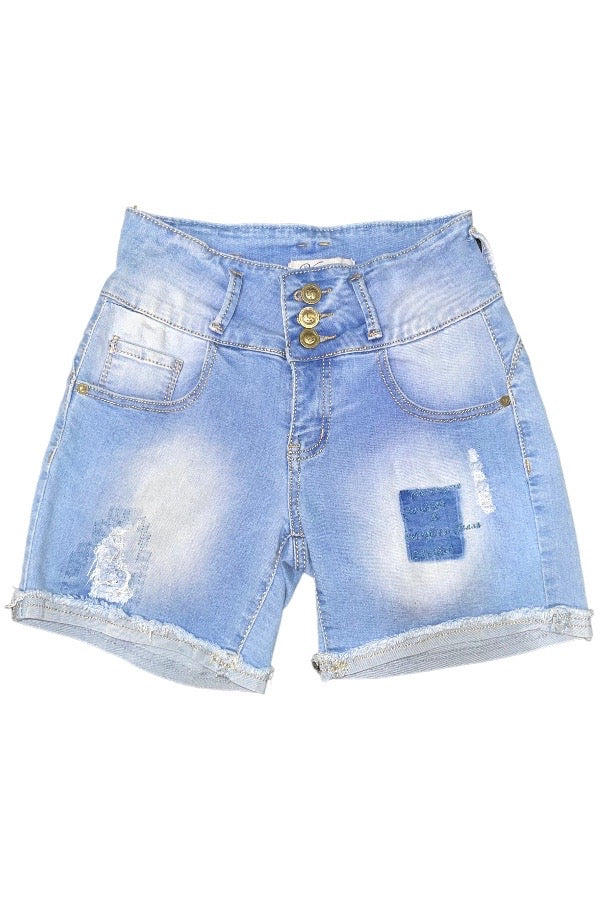 Distressed Patched Denim Shorts - Light Blue